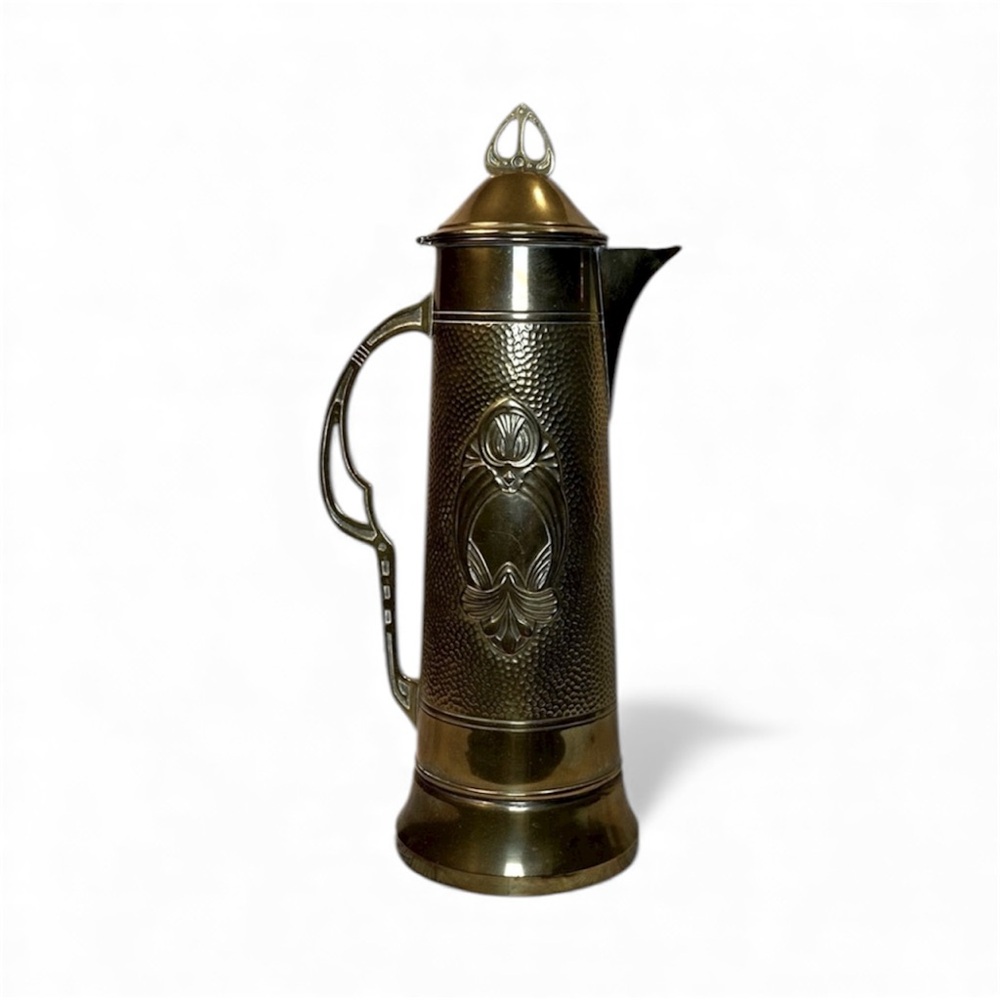 Antique German Art Nouveau Copper Brass Hammered Wine Pitcher Hinged